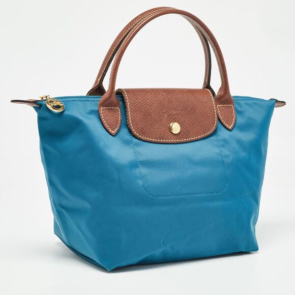 Longchamp Brown/Teal Blue Nylon and Leather Small Short Le Pliage Tote - Picture 3 of 4
